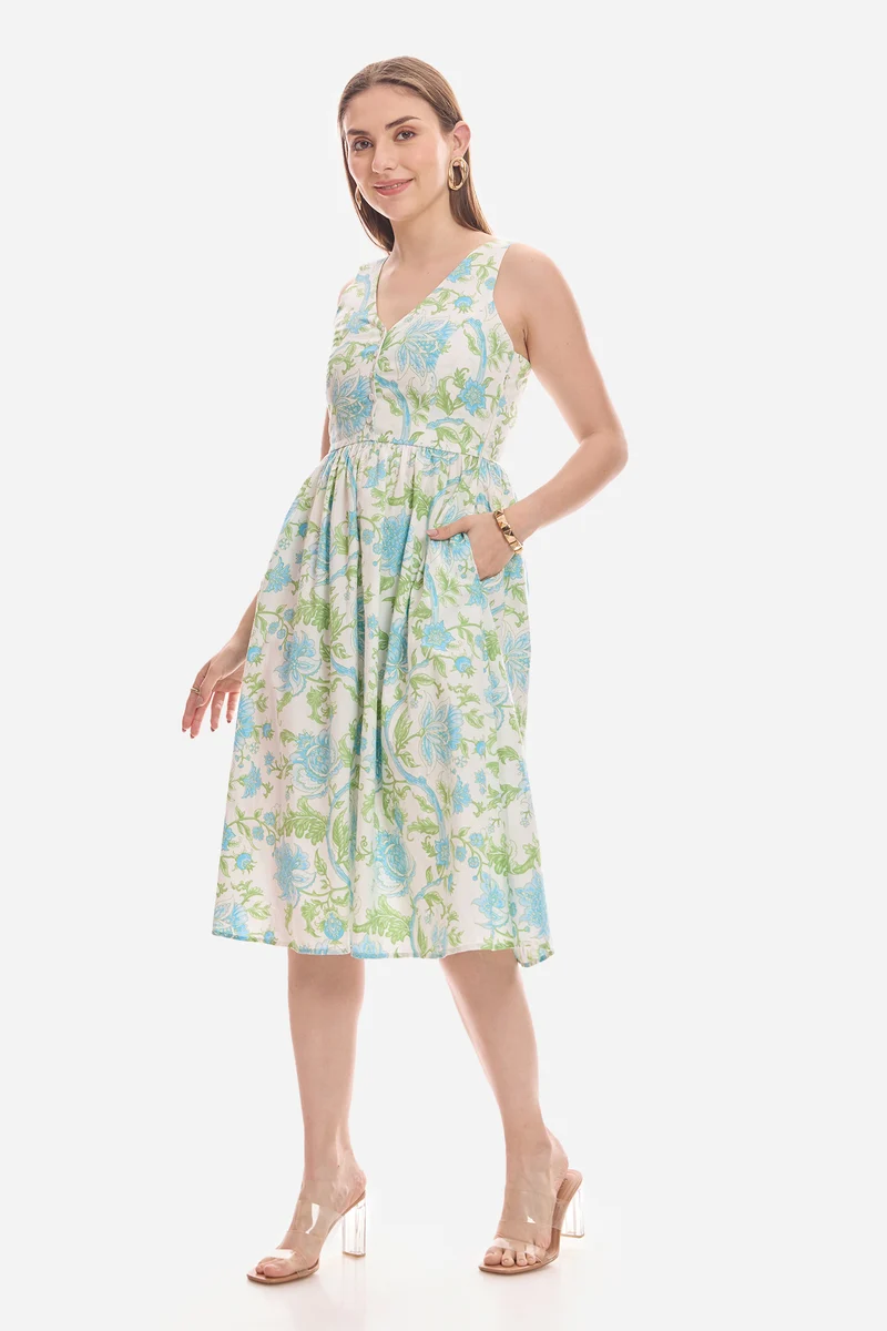 Elvan|Cotton Printed V Neck Midi Dress