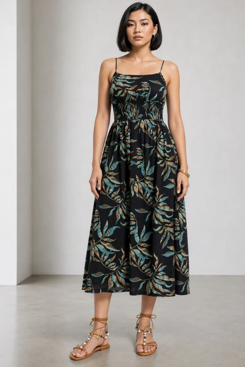 Kirsty|100% Viscose Printed Smocked Midi Dress