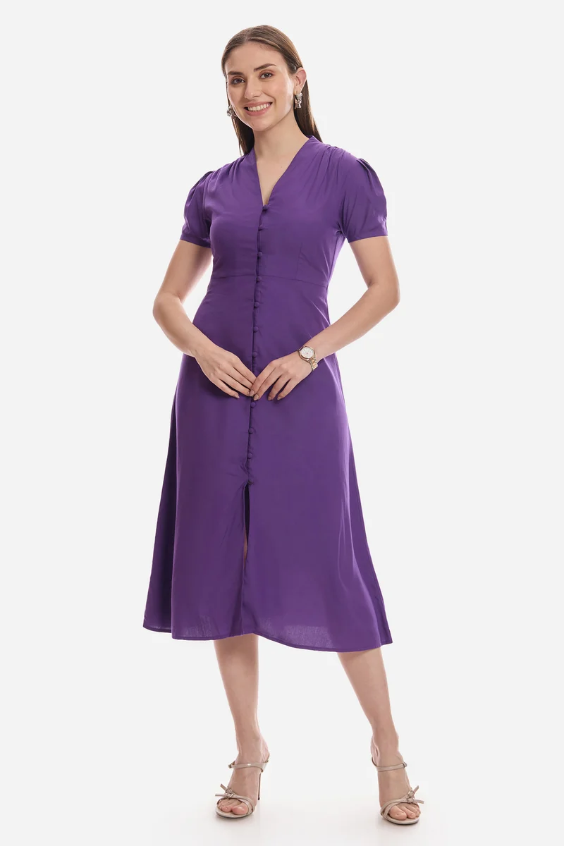Ailisa|100% Viscose V-Neck Gathered Dress