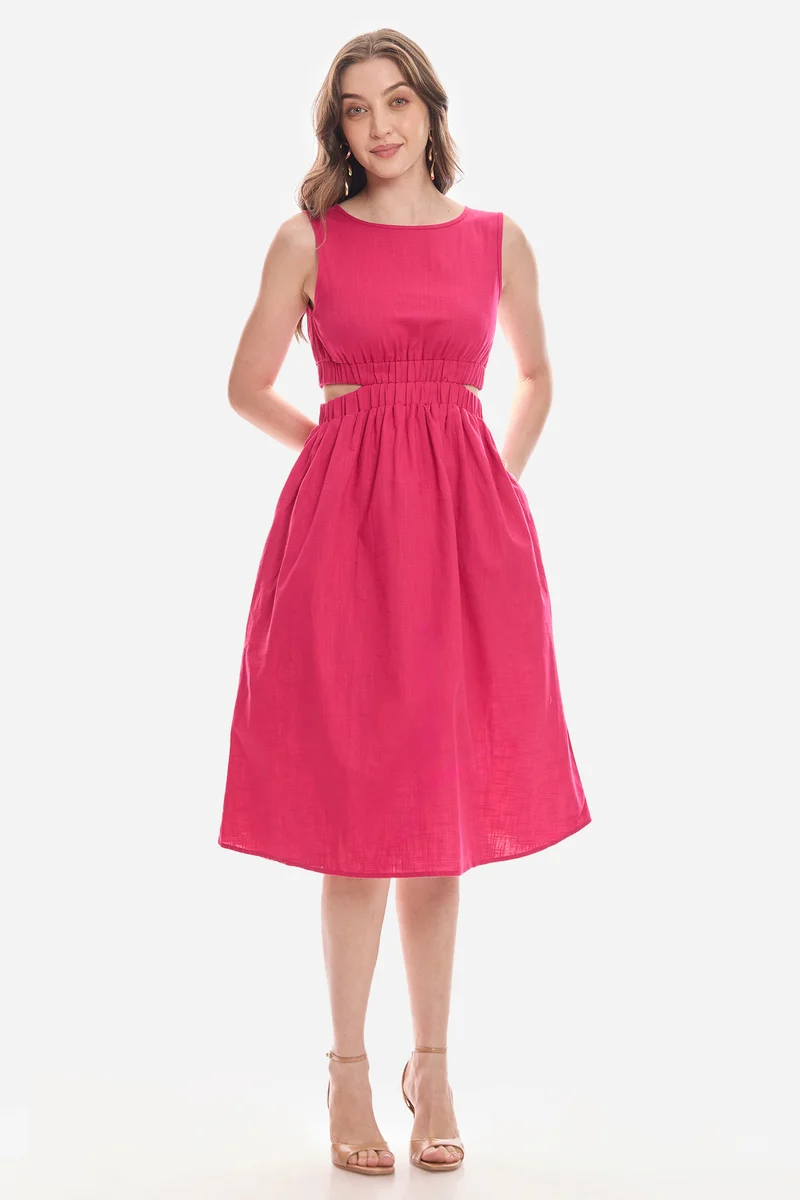 Seher|100% Cotton Waist Cut Out Midi Dress