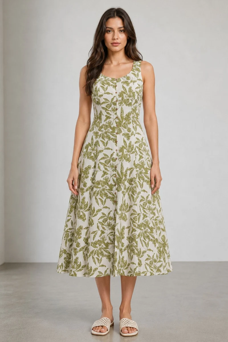 Elifa|100% Viscose Green Floral Print Midi Dress