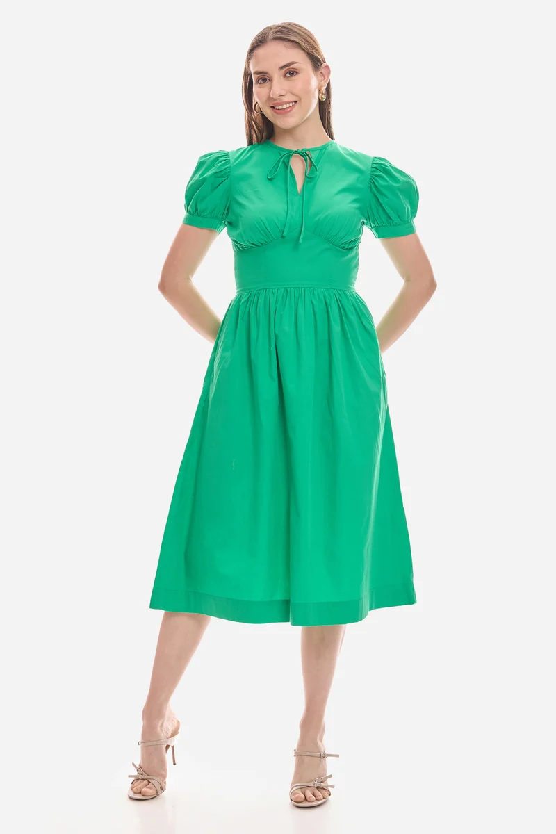 Aysun|100% Cotton Puff Sleeve Green Midi Dress