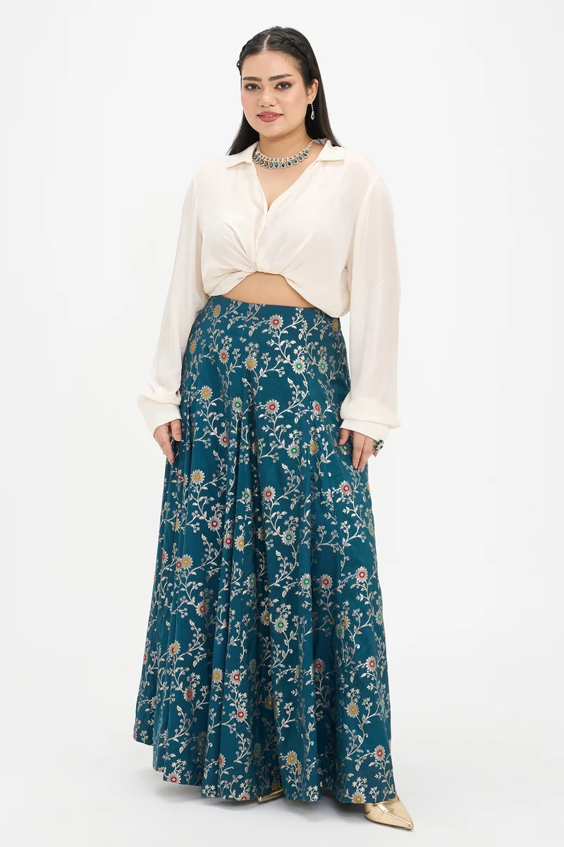 Pushi|Viscose Brocade Flared Skirt With Godets