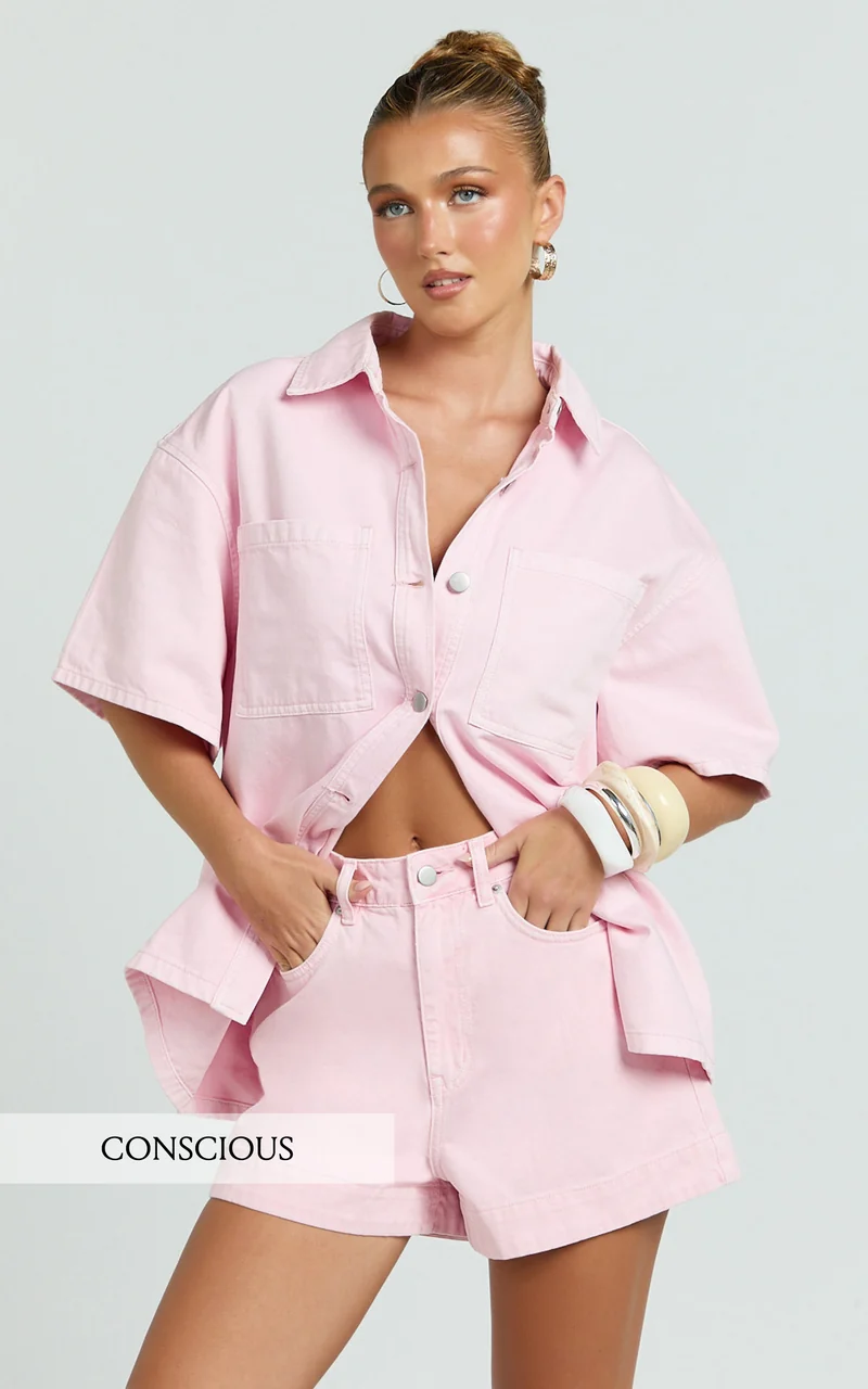 Rhianna Top - Oversized Recycled Denim Short Sleeve Shirt in Pink