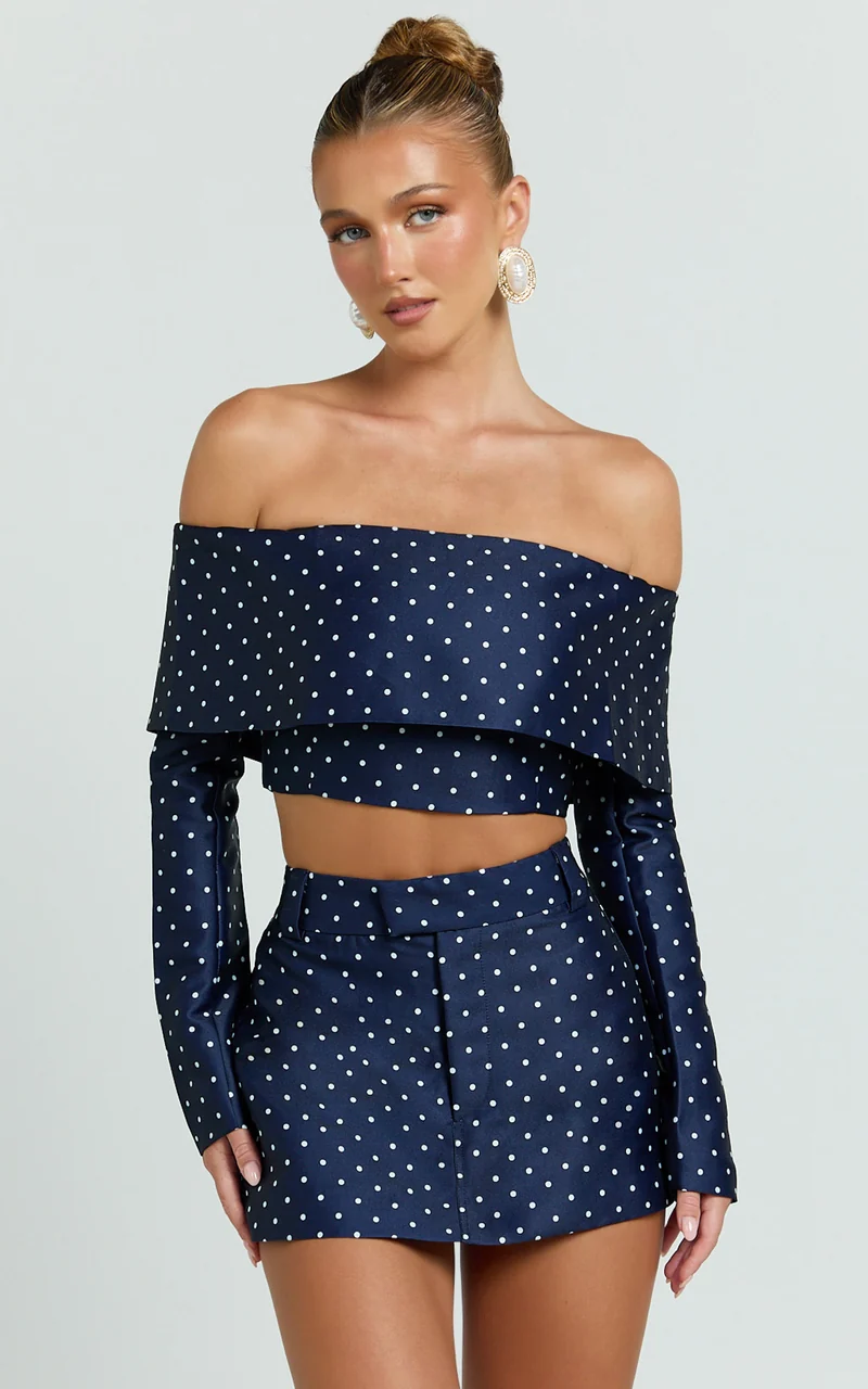 Lana Top - Long Sleeve Off Shoulder Cropped Top in Navy/White Polka Dot