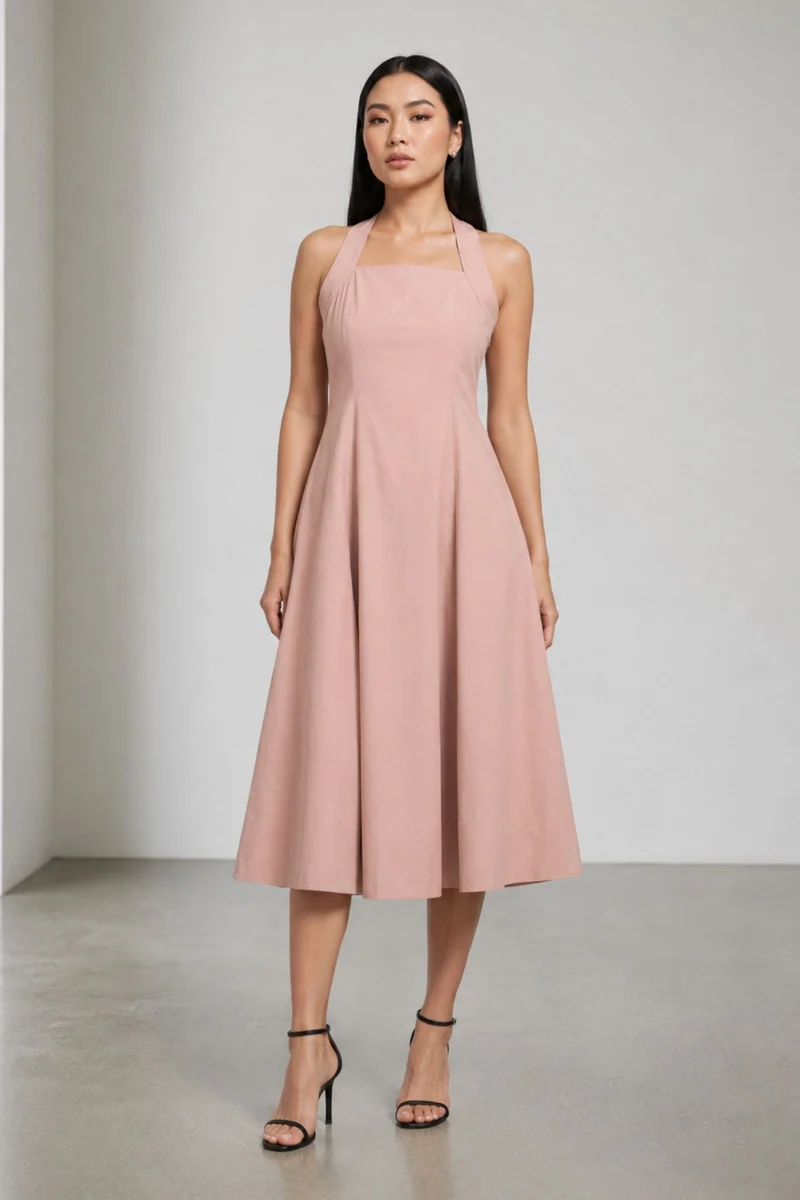 Rita|100% Cotton Halter Neck Midi Dress