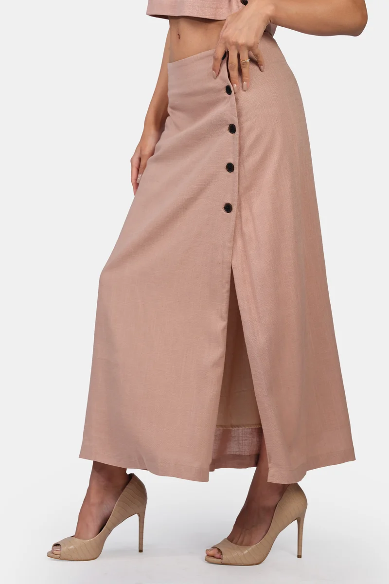 Enza|Linen A-Line Fit Side Slit Long Skirt