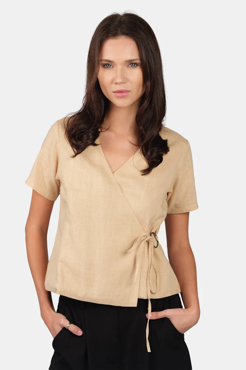 Susi|Linen V-Neck Wrap Top With Tie-Up Detail