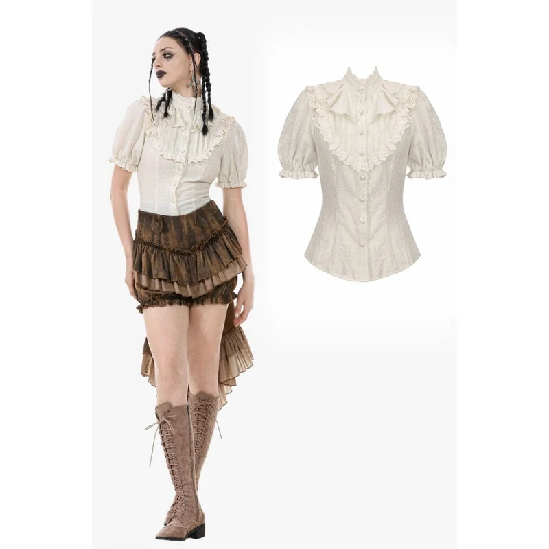 Steampunk-skjorta med ståkrage och volanger för kvinnor, kortärmad
