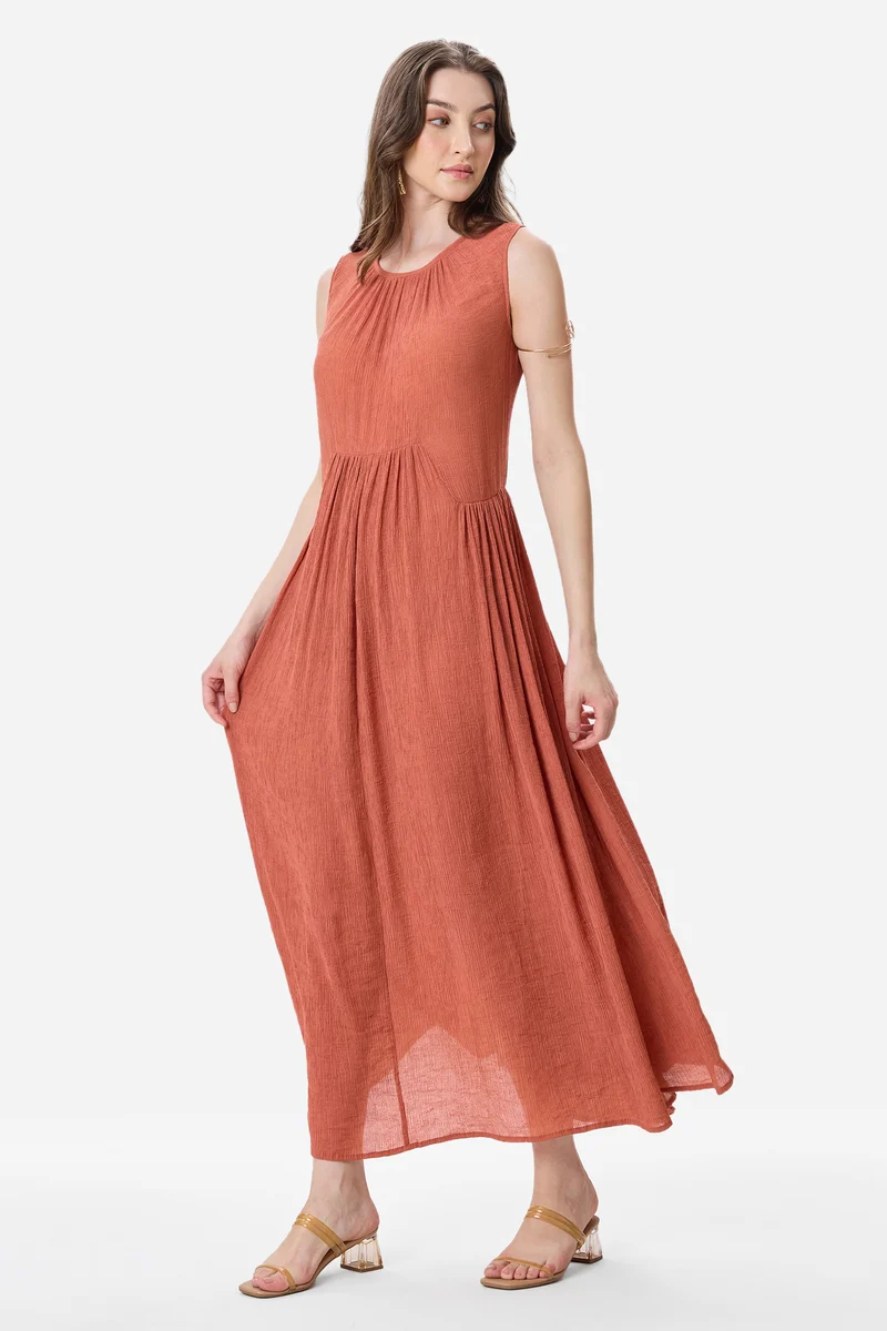 Luno|Viscose Gathered Sleeveless Maxi Dress