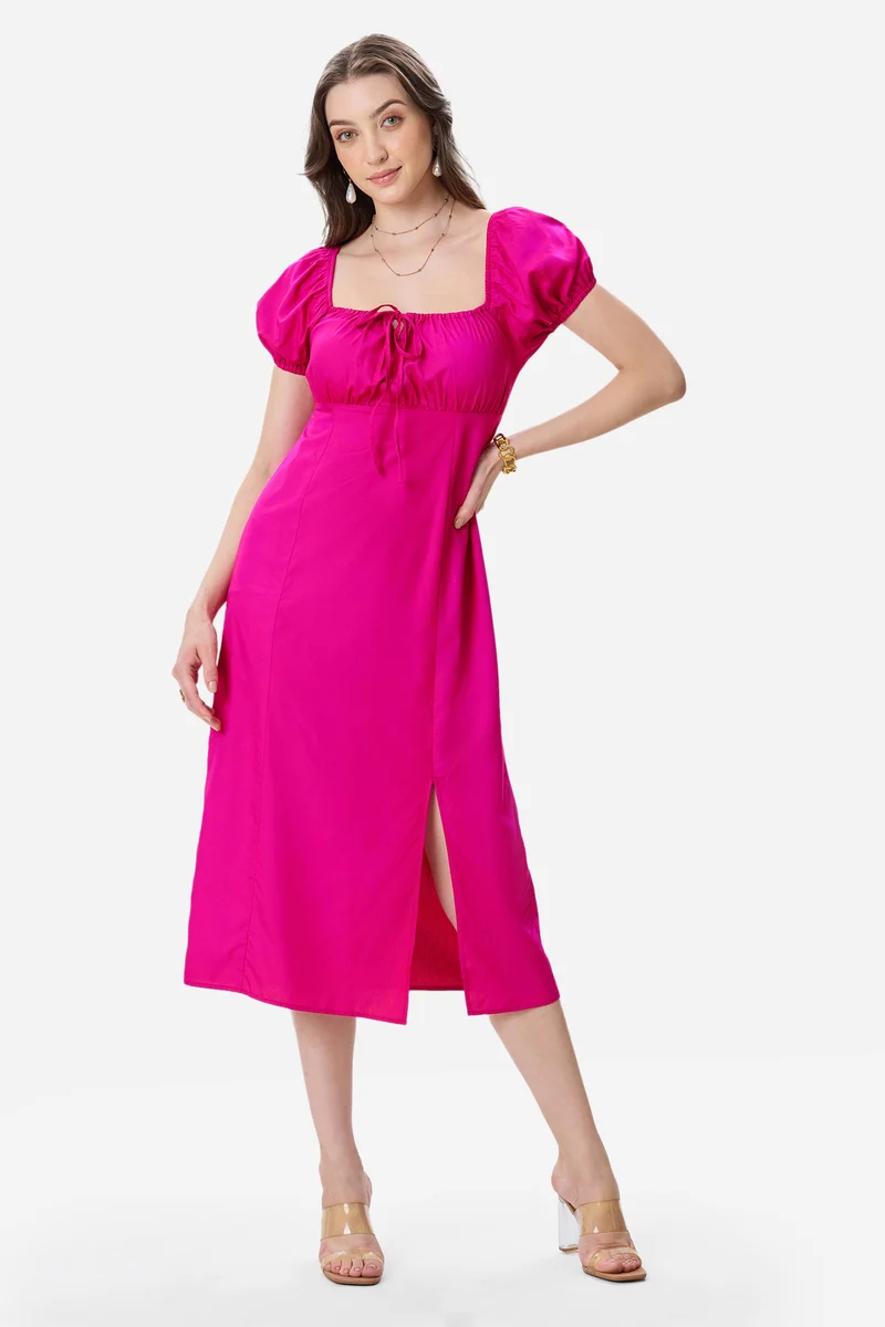 Collisy|100% Viscose Puff Sleeve Dress