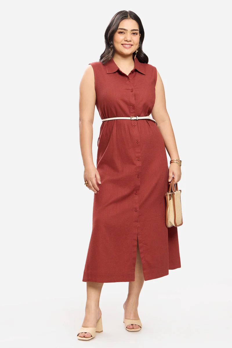 Jadwiga|100% Viscose Sleeveless Midi Shirt Dress