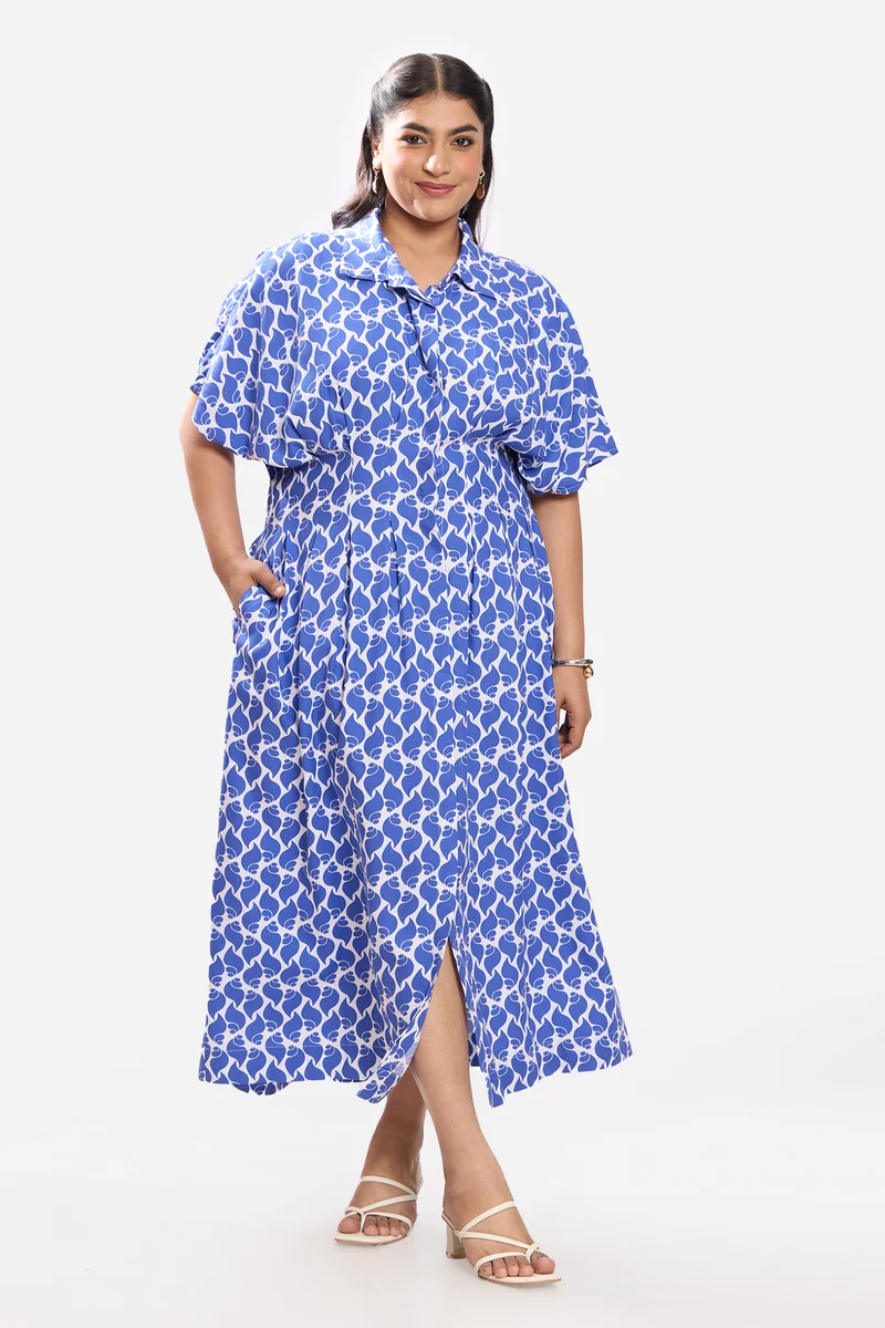 Senuri|100% Cotton Pleated Button Shirt Dress