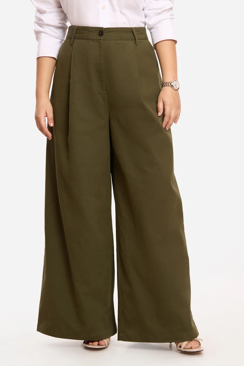 Sayuni|100% Cotton Wide Leg Pleated Trousers