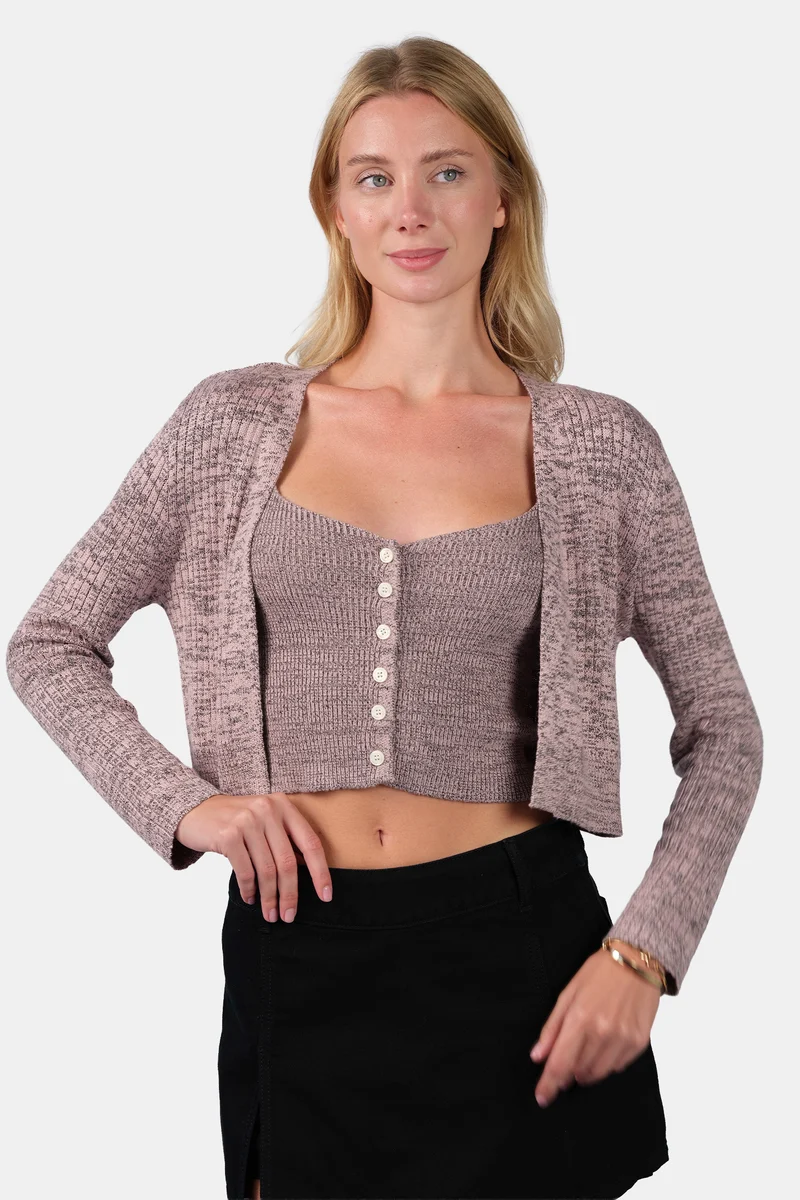 Vina Set|Viscose Melange Knit Crop Cami And Cardigan