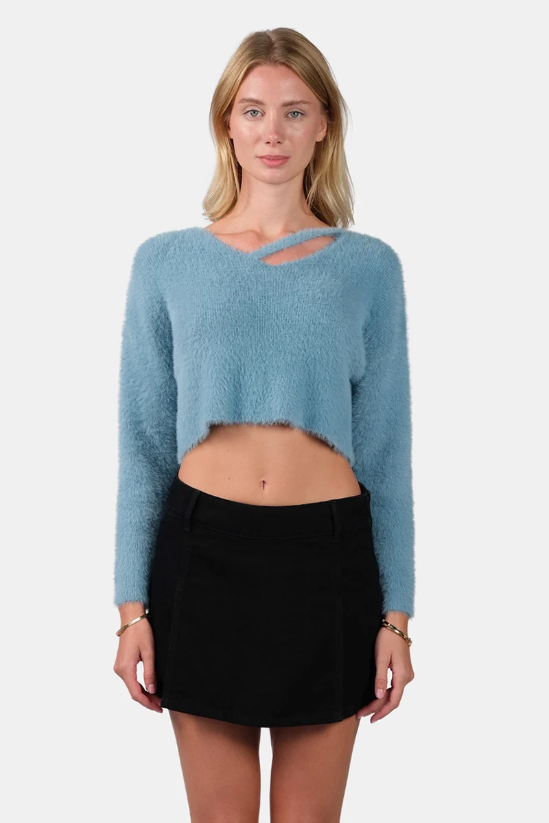 Lilin|Viscose V-Neck Buttery Soft Crop Knit Top