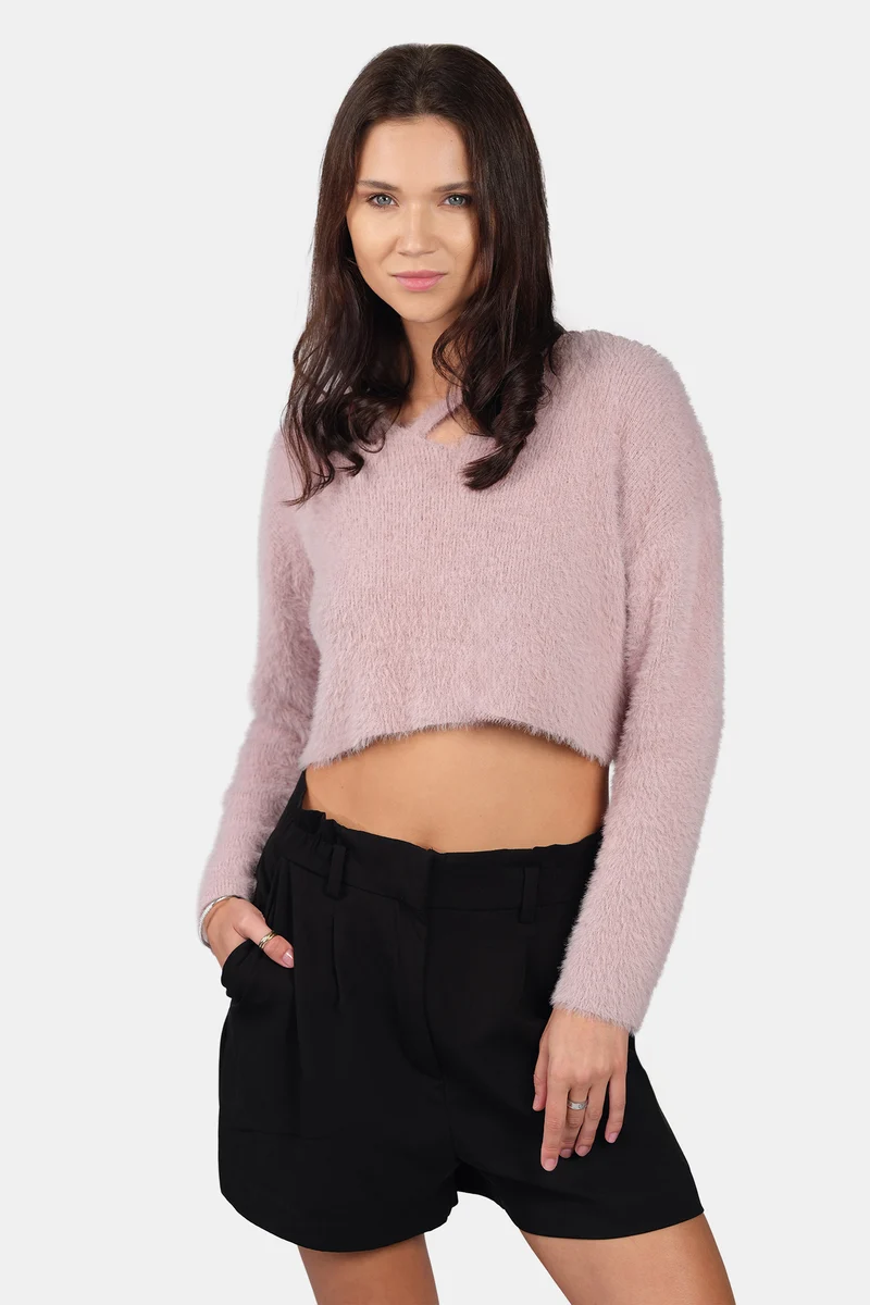 Lilu|Viscose V-Neck Buttery Soft Crop Knit Top