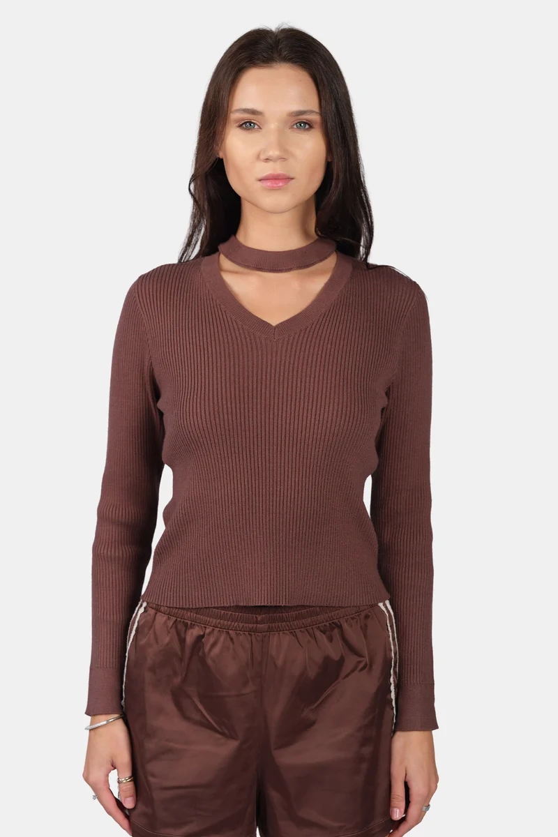 Lupi|Viscose Cut Out V Neck Full Sleeve Knit Top