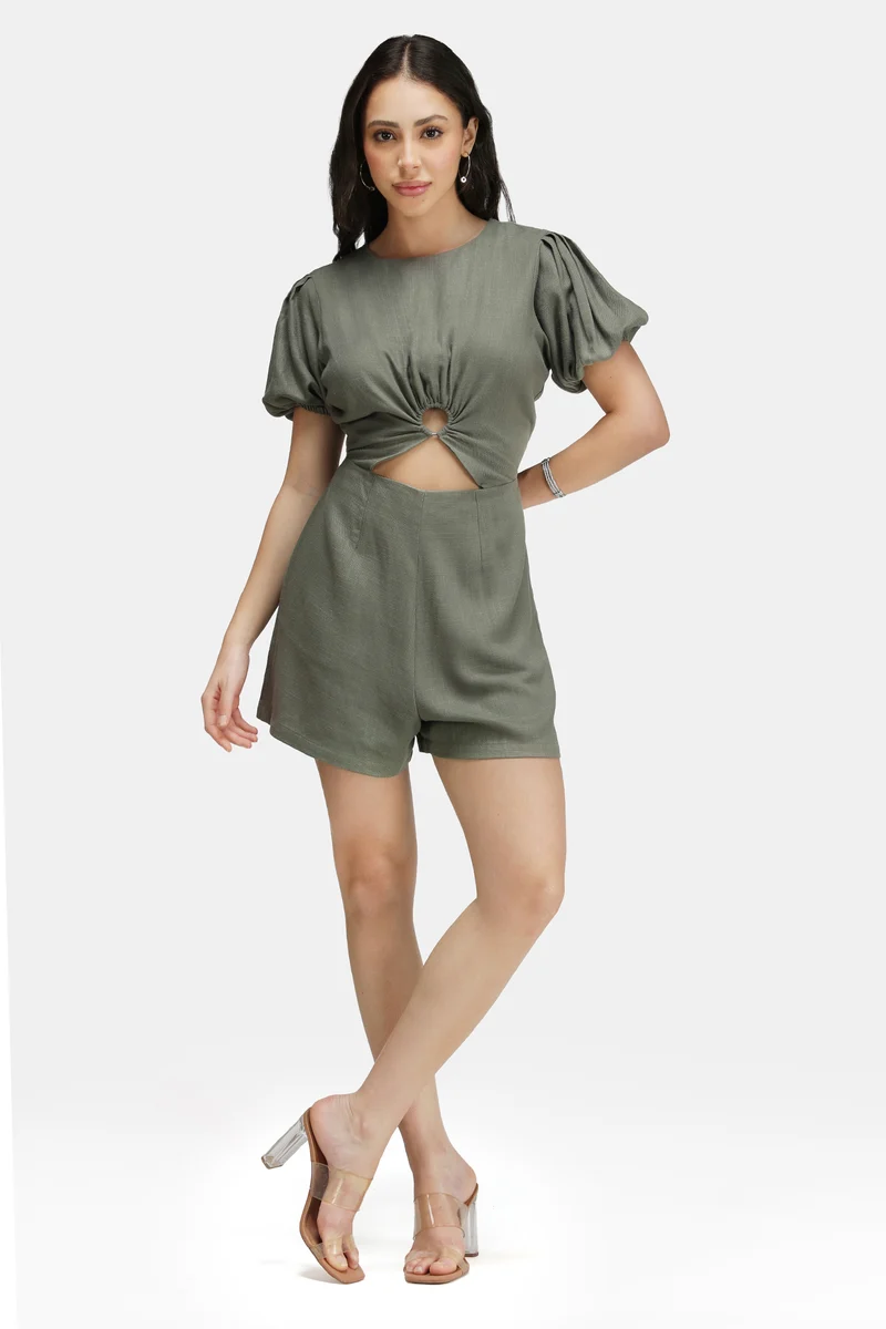 Azara|Linen Ring Cut-Out Detail Playsuit