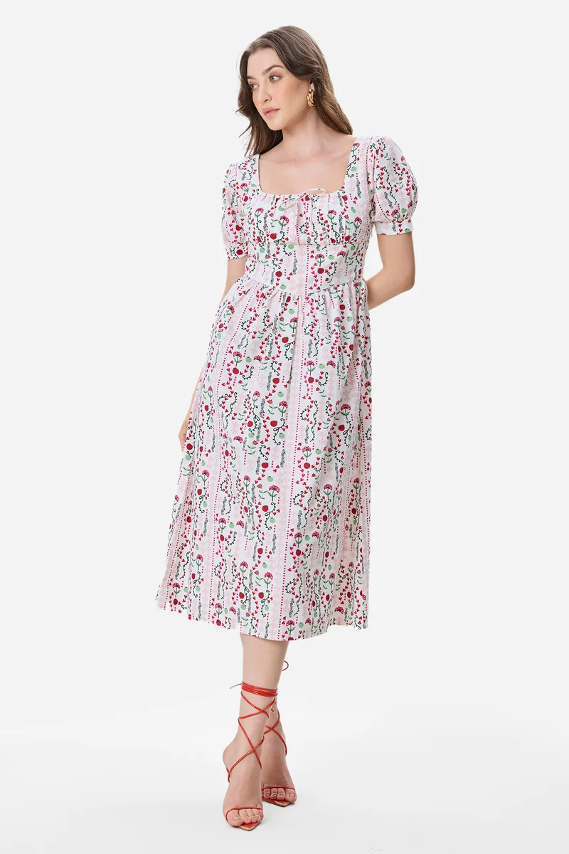 Islay|100% Cotton Fit & Flare Printed Midi Dress