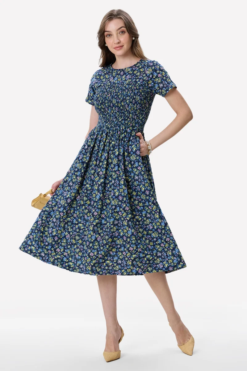 Colli|100% Viscose Smocked Bodice Midi Dress