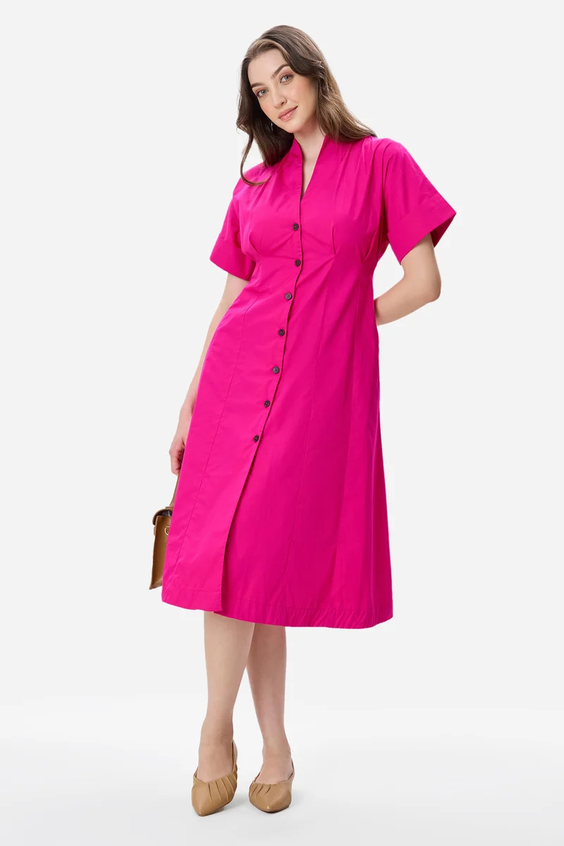 Shena|100% Cotton Pleat Detail Midi Dress