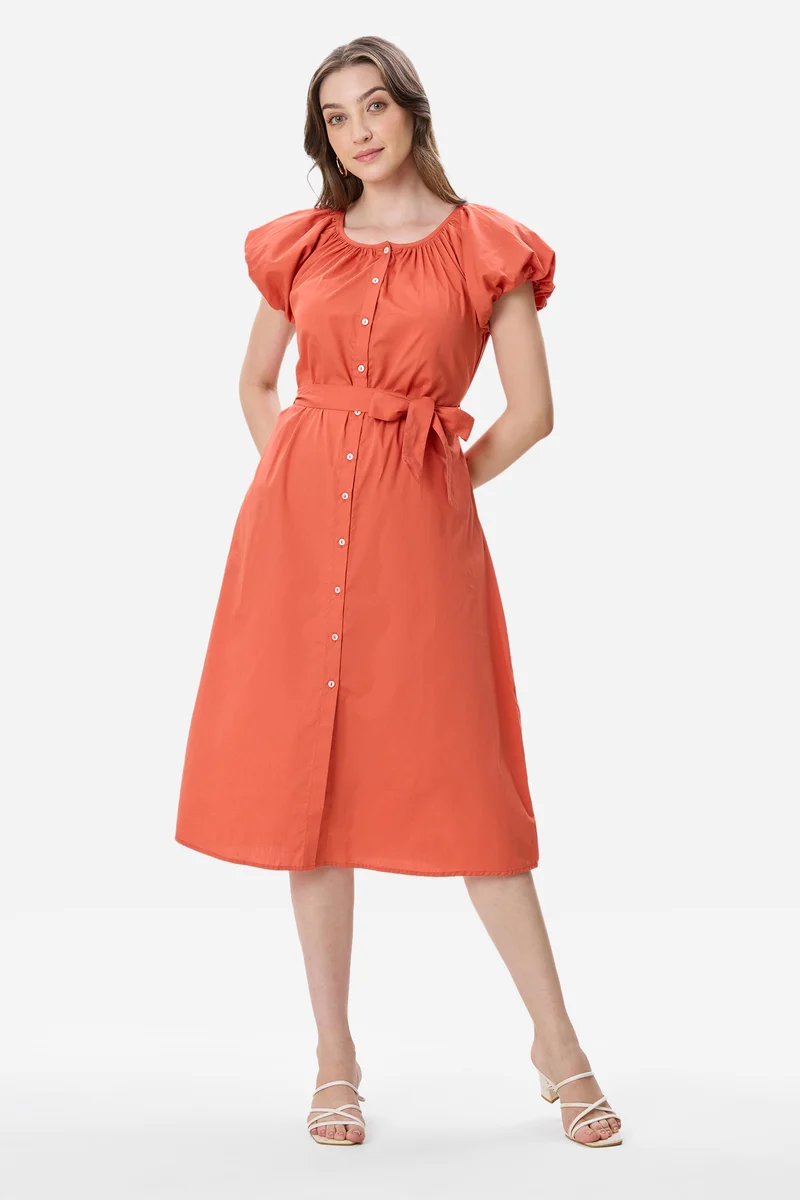 Kelsa|100% Cotton Bubble Sleeve Dress