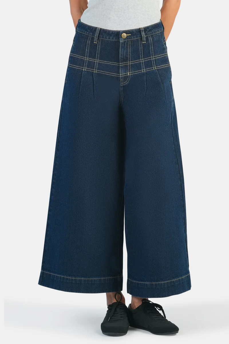 Etive|100% Cotton Denim Pants With Seam Detail