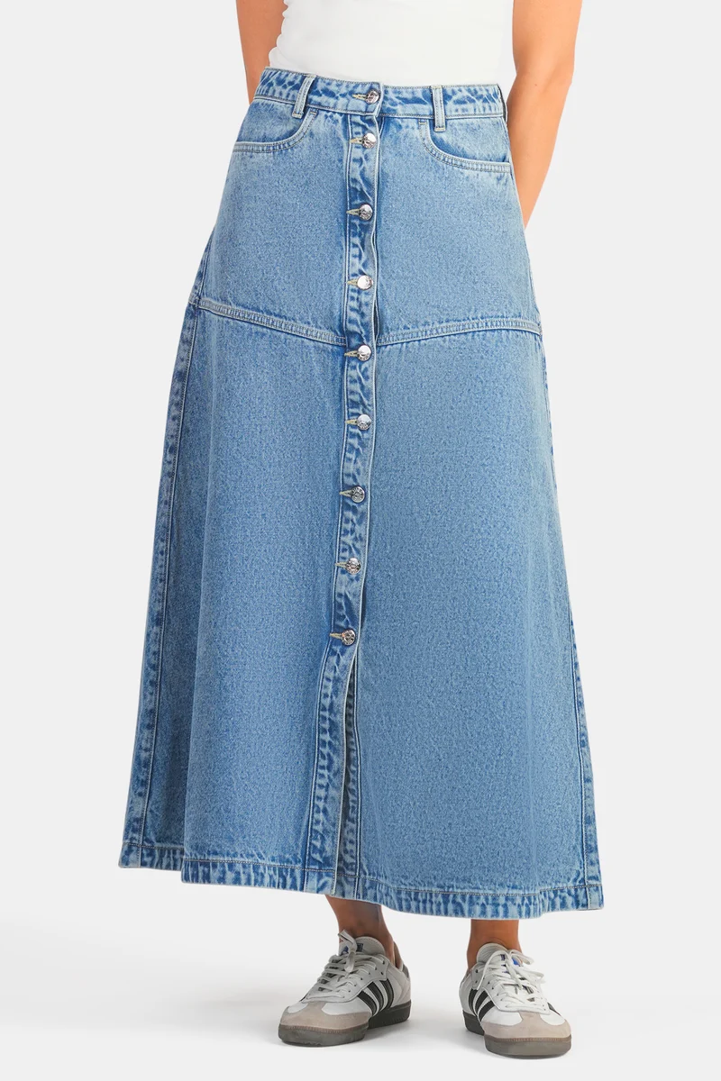 Iduni|100% Cotton Denim A-Line Midi Skirt