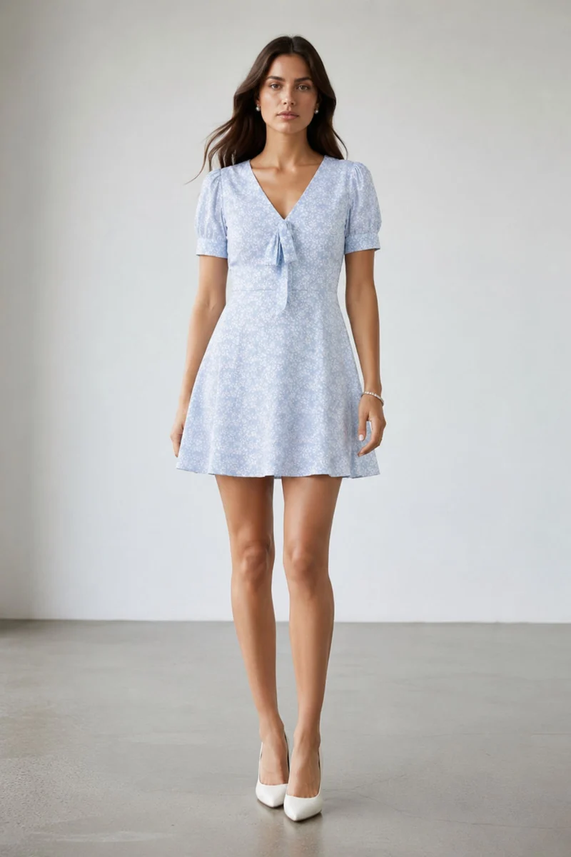Mitali|100% Viscose Tie-Up Puff Sleeve Midi Dress