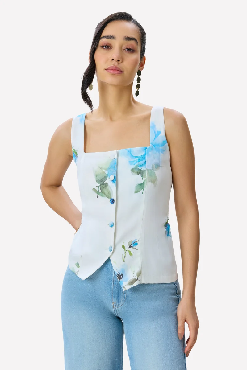 Rivani Top|100% Tencel Floral Printed Waistcoat