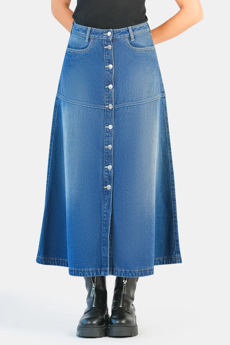 Canae|100% Cotton Denim A-Line Midi Skirt