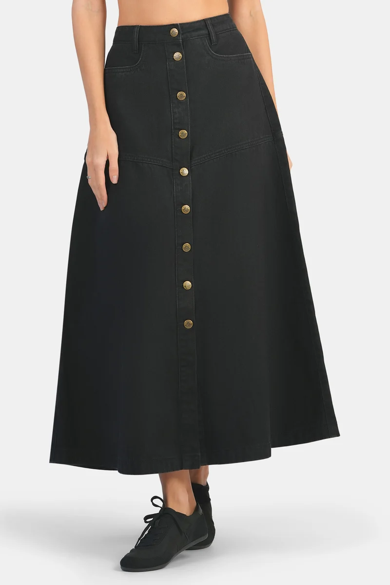 Idun|100% Cotton Denim A-Line Midi Skirt