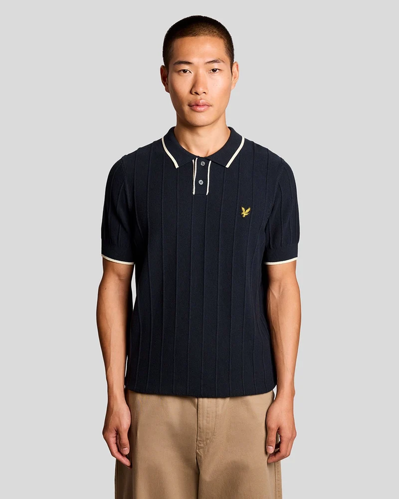 Lyle & Scott Stickad pikétröja med spets för herr | Mörkblå