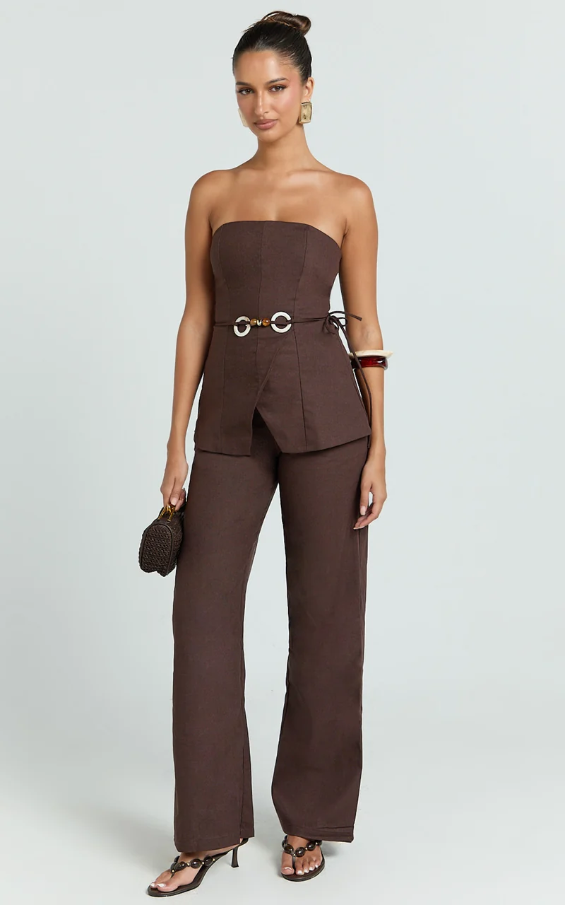 Goldie Pants - Mid Waisted Beaded Belt Tie Straight Leg Pants in Dark Chocolate