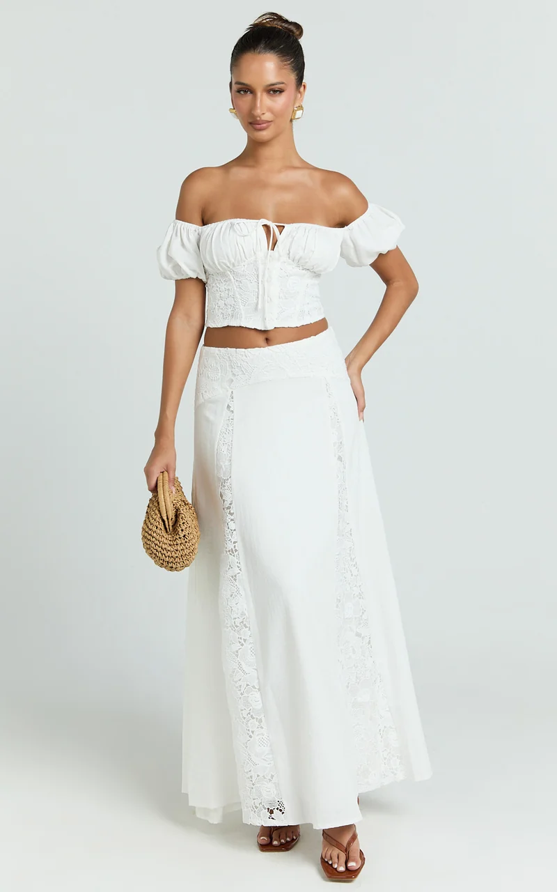 Belle Two Piece Set - Off Shoulder Top and Maxi Skirt Set in White
