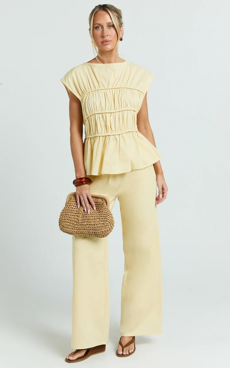 Auric Two Piece Set - Ruched Detail Top and Wide Leg Pants Set in Lemon