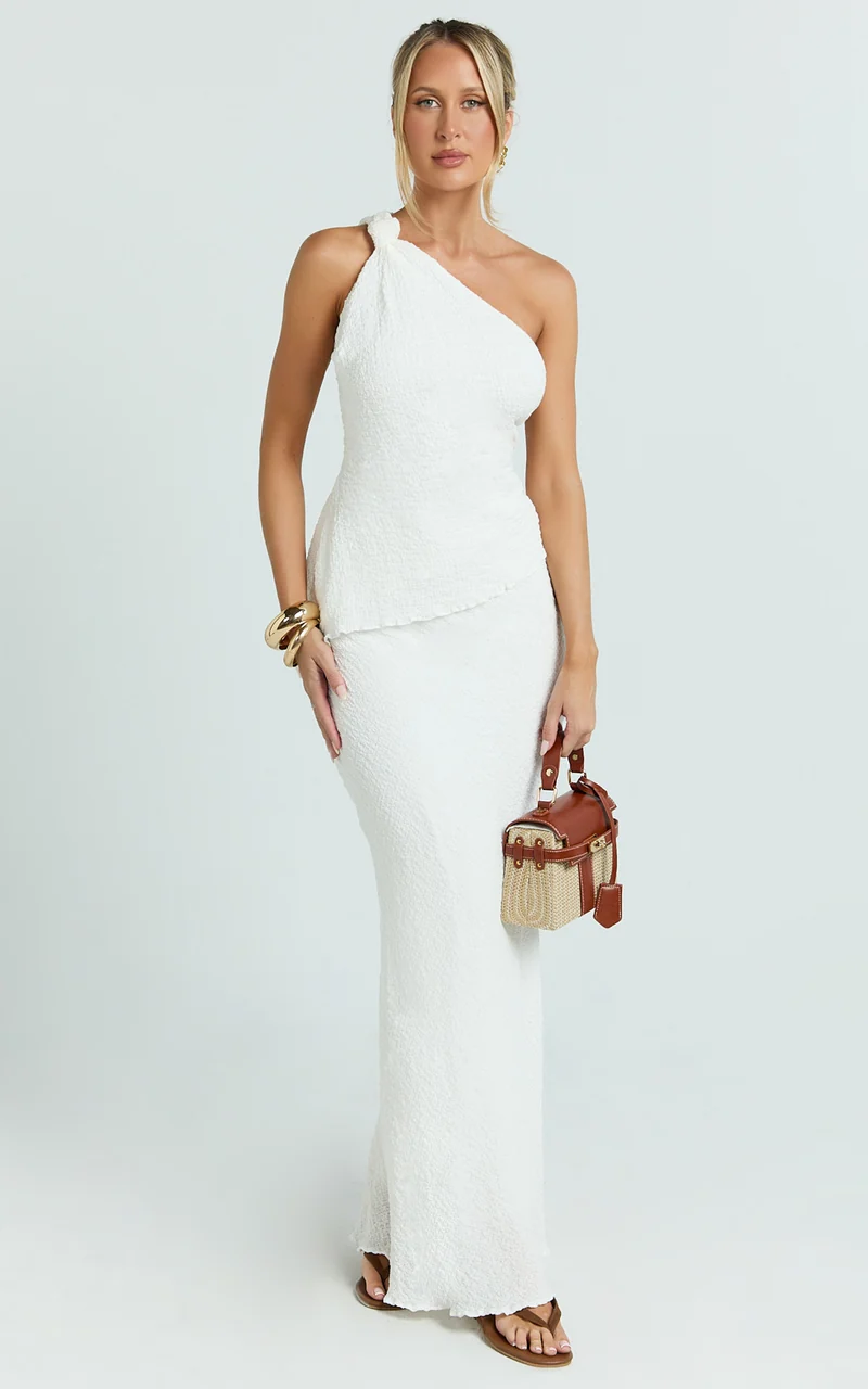 Mila Two Piece Set - One Shoulder Knot Top and Maxi Skirt Set in White
