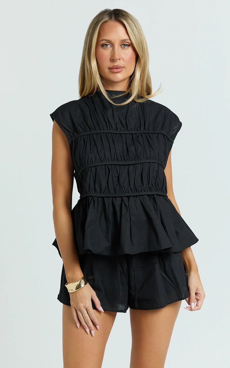 Alina Two Piece Set - Ruched Detail Top and Short Pants Set in Black