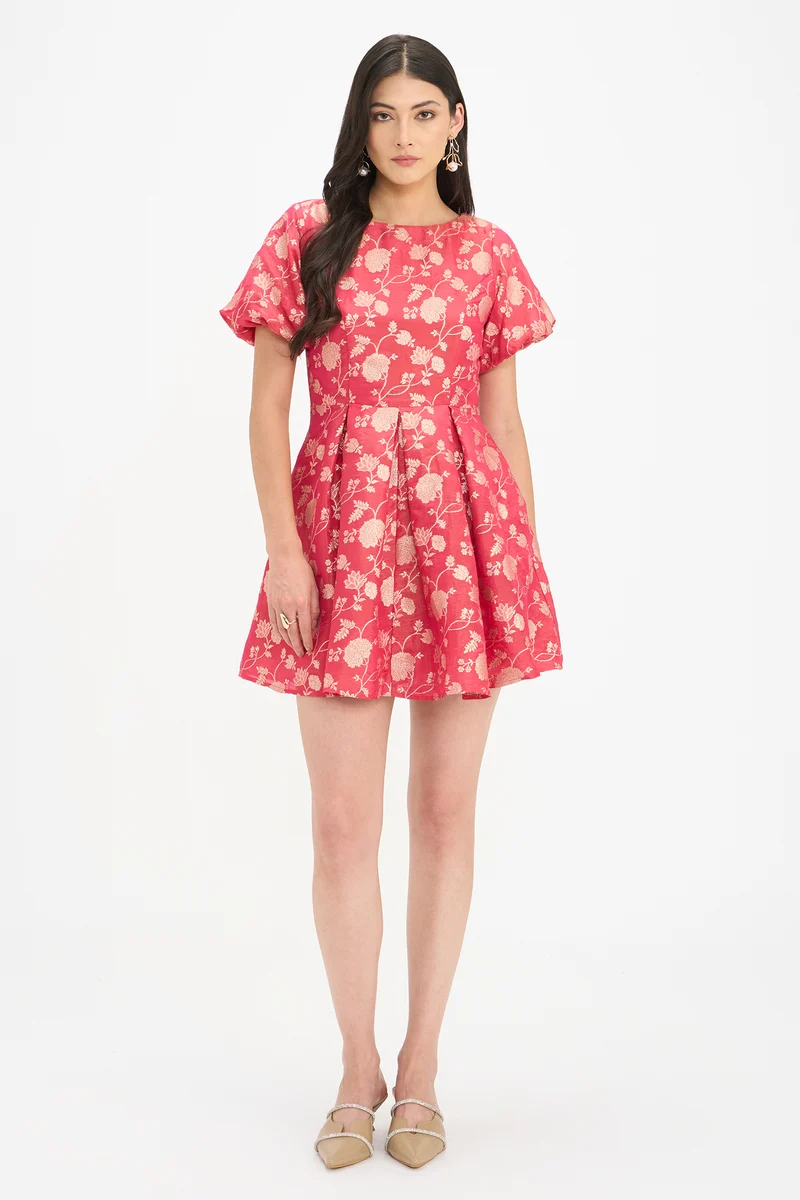 Malavi|100% Viscose Puff Sleeves Mini Dress