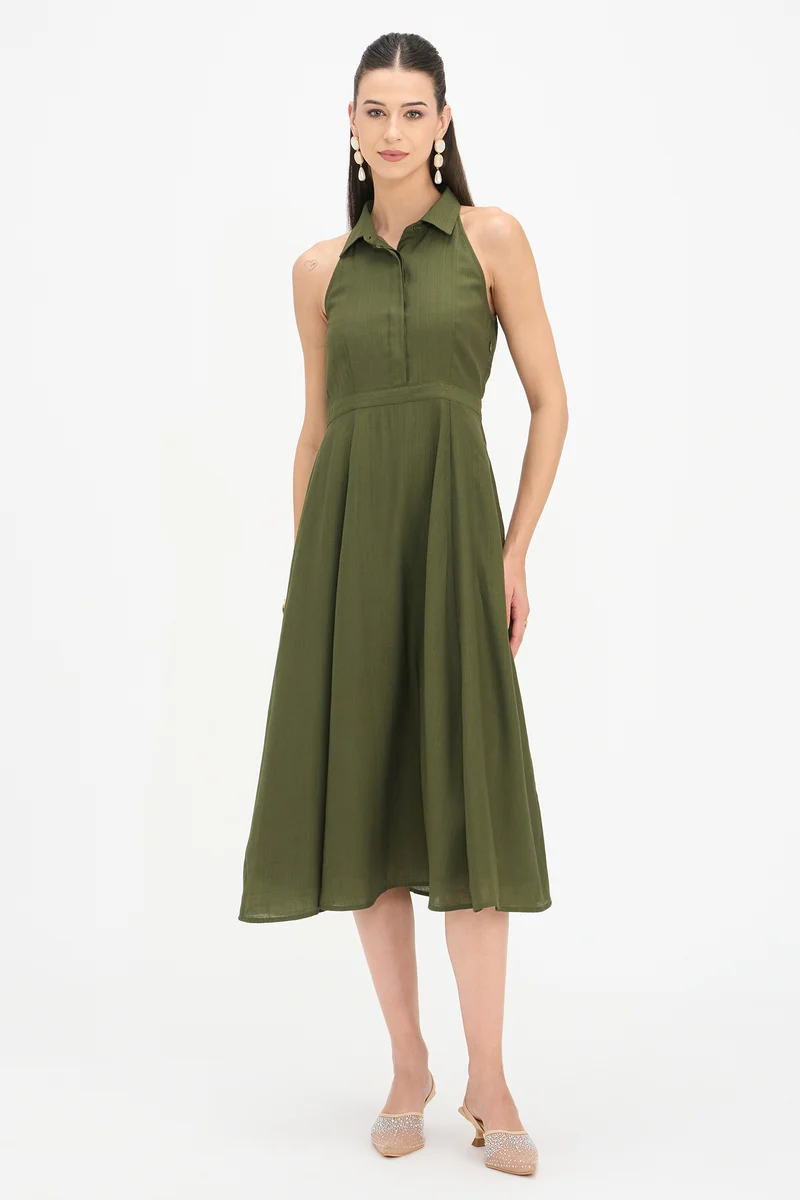 Anandi|100% Viscose Halter Neck Shirt Dress