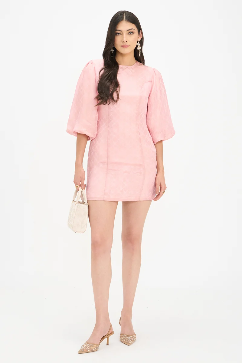 Malini|100% Viscose Puff Sleeves Mini Dress