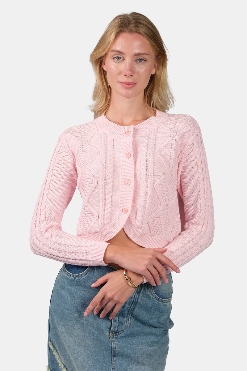 Ruzi|100% Cotton Curved Hem Knitted Crop Cardigan