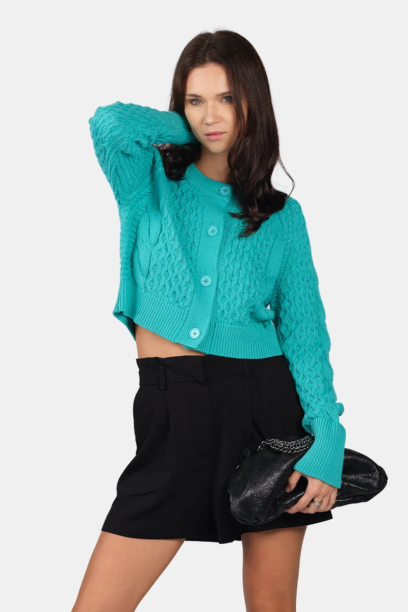 Vivi|100% Cotton Cable Knit Crop Cardigan