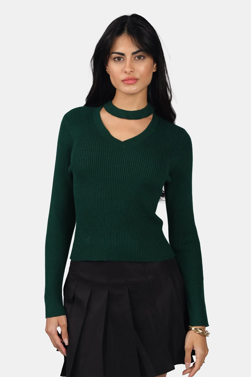 Lupo|Viscose Cut Out V Neck Full Sleeve Knit Top
