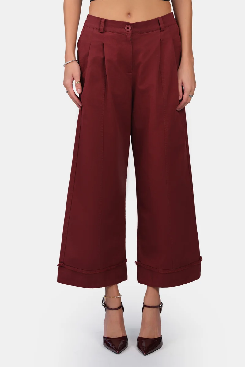 Briane|100% Cotton Wide-Leg Folded Hem Trousers