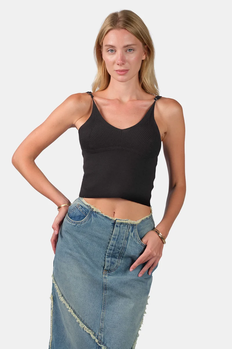Ariey Cami|Viscose V-Neck Slim Fit Strappy Knit Cami