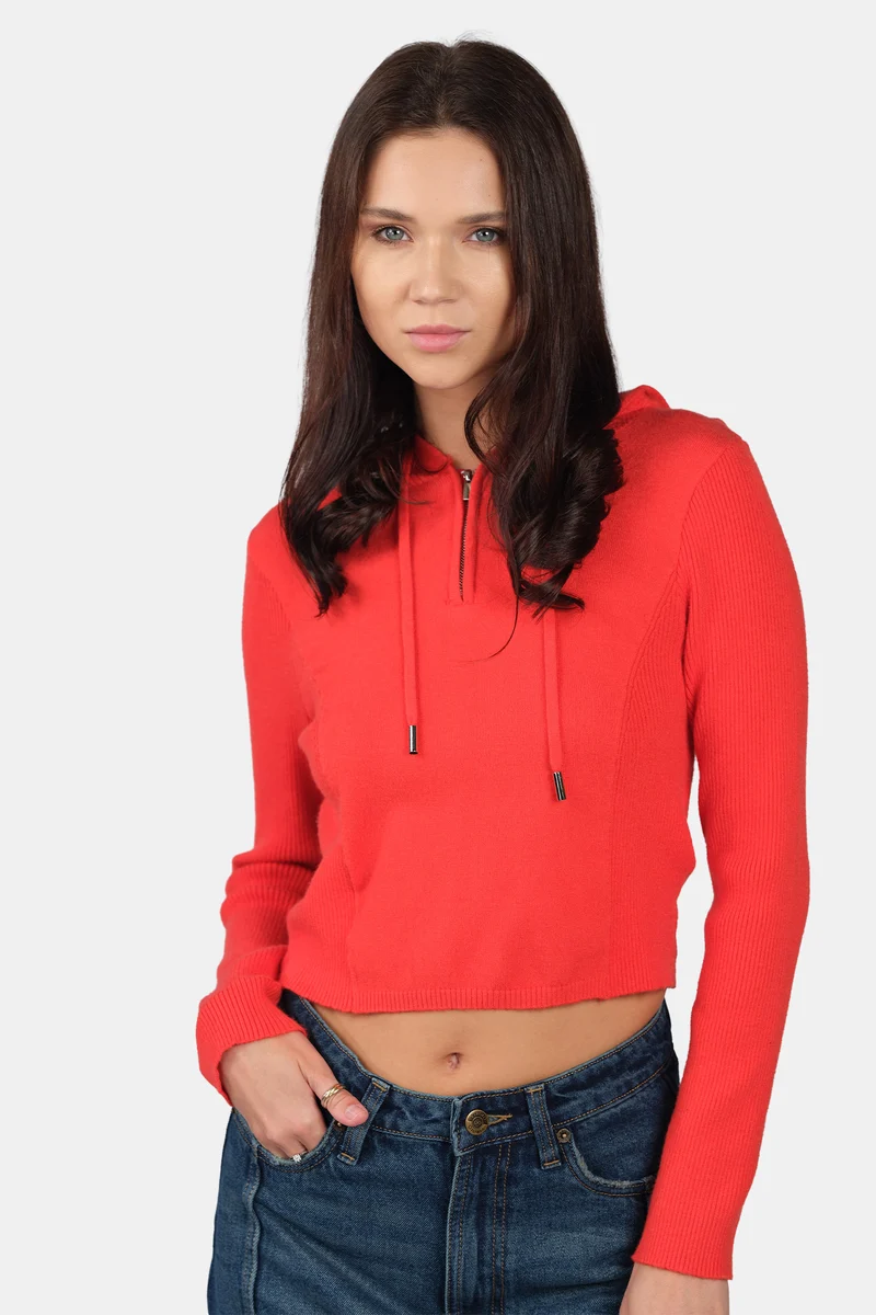 Edda|Viscose Half Zip Slim Fit Knit Hoodie