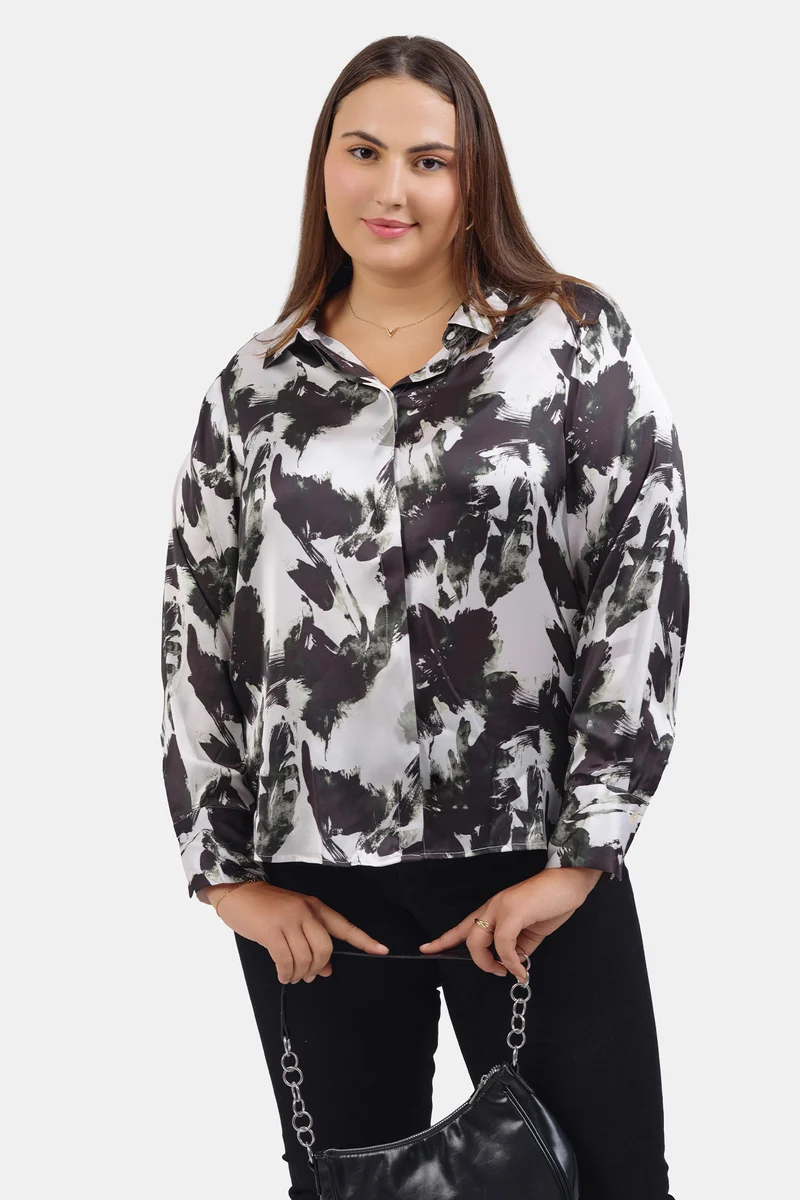 Merve|Satin Floral Printed Shirt