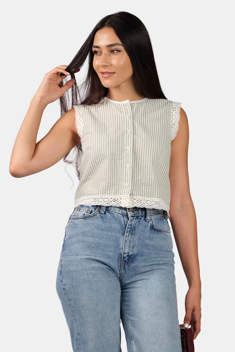 Nola|Cotton Crew Neck Lace Shirt